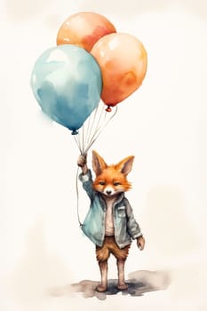 Send heartwarming wishes with this adorable watercolor depiction of a little fox clutching balloons, perfect for celebrating special occasions.