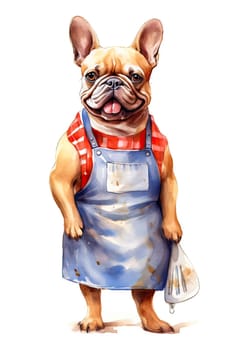 Brighten up your kitchen decor with a watercolor French bulldog donning a chefs hat and apron, adding charm to culinary themed projects and designs.