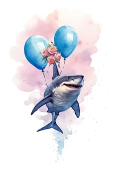 Celebrate with a splash. A charming watercolor shark, buoyed by vibrant balloons, graces this delightful greeting card, perfect for any occasion.