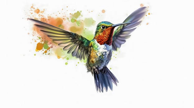 A captivating watercolor portrayal capturing the graceful flight of a calibri bird, showcasing its elegance and beauty in stunning detail. Perfect for artistic projects and nature themed designs.