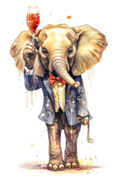 Celebrate in style with this whimsical watercolor elephant raising a toast with a glass of alcohol. Perfect for festive greeting cards and invitations