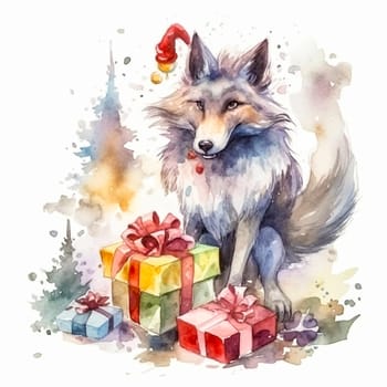 A charming watercolor depiction of a wolf seated beside a stack of festive Christmas presents, evoking a cozy and heartwarming holiday atmosphere.