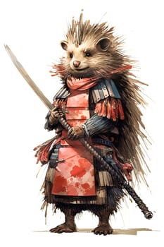 A whimsical watercolor illustration featuring a porcupine donning armor and wielding a sword, adding a touch of fantasy to any creative project.