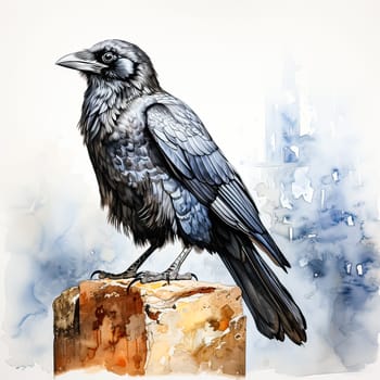 A striking watercolor portrayal capturing the essence of a black crow perched solemnly on a branch, its presence evoking a sense of mystery and intrigue.