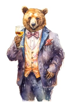 Add a touch of cheer to your greeting cards with this charming watercolor bear raising a toast with a glass of alcohol. Perfect for any celebration