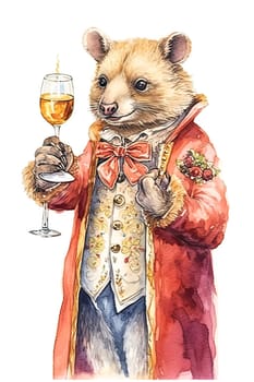 Add whimsical charm to your celebrations with a delightful watercolor wombat raising a glass of champagne, perfect for greeting cards and festive occasions.