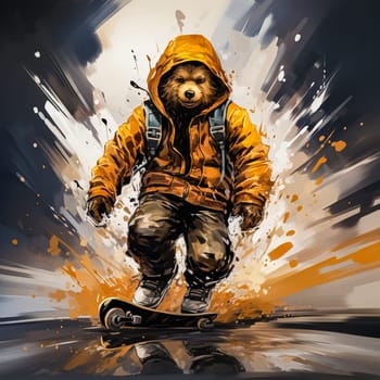 An adorable watercolor artwork featuring a bear skillfully riding a skateboard, capturing the fun and energetic spirit of urban street culture.