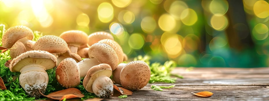 A collection of mushrooms, a natural plant ingredient, rests on a wooden table, embodying the essence of nature and natural foods.