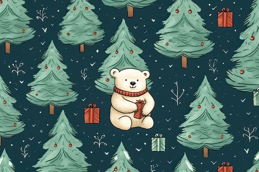 Delightful watercolor artwork featuring a charming bear amidst a forest of Christmas trees, perfect for festive themed designs and decorations.