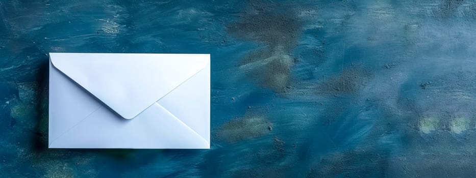 A white envelope rests on a rectangular blue surface resembling the electric blue of the sky, creating an artistic pattern reminiscent of cumulus clouds.