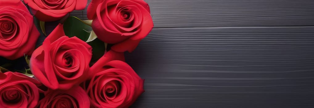 Beautiful banner with red roses background of Mothers, Valentine Day, Birthday, Anniversary, Wedding. Copy space. For advertisement, greeting card mockup, presentation, header, poster, website print