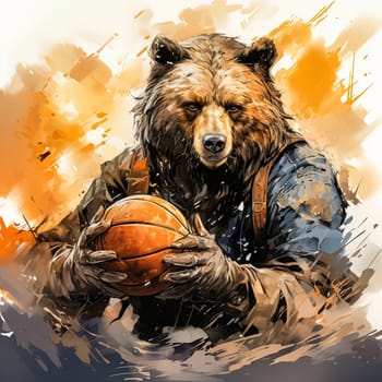 In a dynamic watercolor illustration, a bear exhibits athleticism by skillfully playing basketball, capturing the excitement of the sport in vibrant hues.