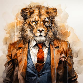 In a delightful watercolor scene, a lion dons a sharp business suit and tie, exuding confidence and professionalism with a touch of whimsy.