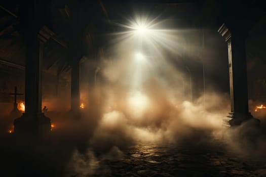 Abstract image of clouds of dust in a building with large columns in the dark.