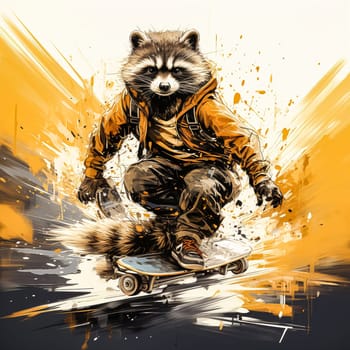 A delightful watercolor illustration capturing a raccoon skillfully riding a skateboard, radiating energy and fun against a colorful urban backdrop.