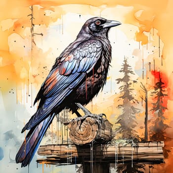 A striking watercolor portrayal capturing the essence of a black crow perched solemnly on a branch, its presence evoking a sense of mystery and intrigue.