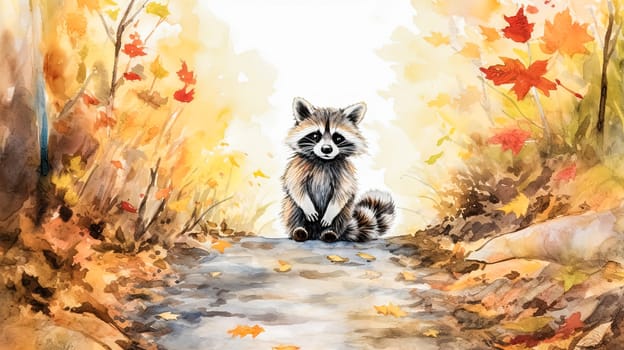 An endearing watercolor illustration capturing the charm of a raccoon nestled amidst the serene ambiance of an autumn forest, perfect for book illustrations.