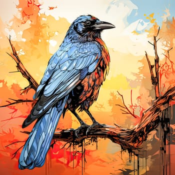 A striking watercolor portrayal capturing the essence of a black crow perched solemnly on a branch, its presence evoking a sense of mystery and intrigue.