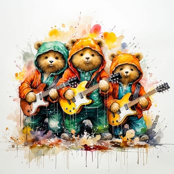 A whimsical watercolor scene depicting a lively group of bears jamming together on electric guitars, exuding a playful and musical vibe.