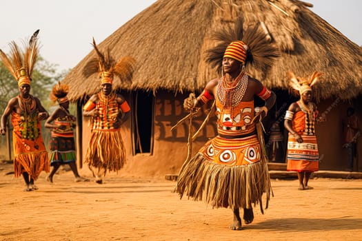 Group of aboriginal or indigenous people of Africa adorned in colorful ethnic attire. Men, women, and children represent diverse African tribes with pride and tradition.