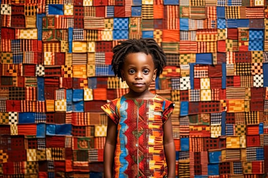 African child dressed in vibrant, patterned clothing stands against a backdrop of intricately designed fabric, reflecting the cultural richness of Africa.