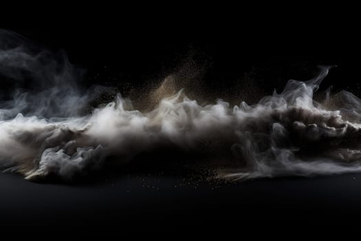 Thick fog, smoke spreads across the black surface in the dark. Abstract background.