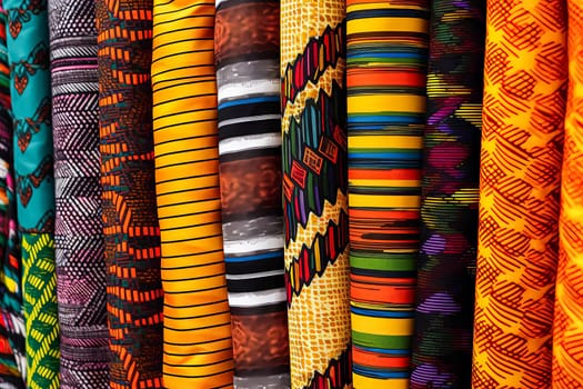 An array of fabric rolls adorned with intricate and colorful African designs, showcasing the rich cultural heritage and artistic flair of the continent.