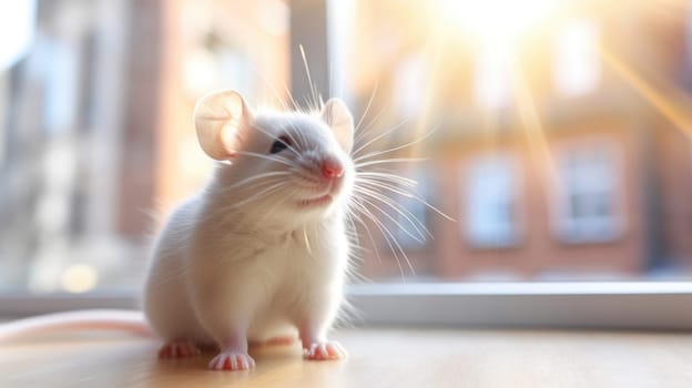 Mouse or cute rat in a bright apartment. Live room on blurred background AI