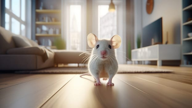 Mouse or cute rat in a bright apartment. Live room on blurred background AI