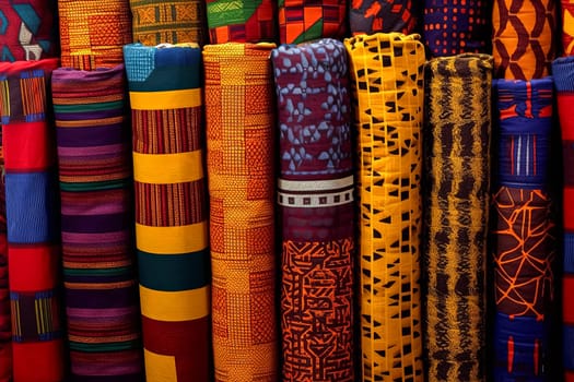 An array of fabric rolls adorned with intricate and colorful African designs, showcasing the rich cultural heritage and artistic flair of the continent.