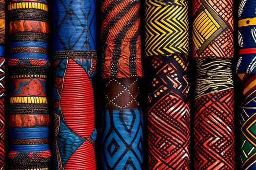 An array of fabric rolls adorned with intricate and colorful African designs, showcasing the rich cultural heritage and artistic flair of the continent.
