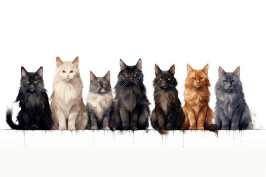 A lineup of Maine Coon cats in various colors, showcasing the breed's diversity and majestic fur, all sitting attentively.