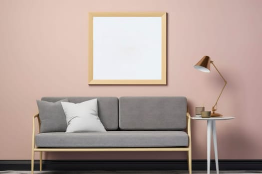 Contemporary minimalist living room with a comfortable grey sofa, blank white frame, stylish lamp, and small table.