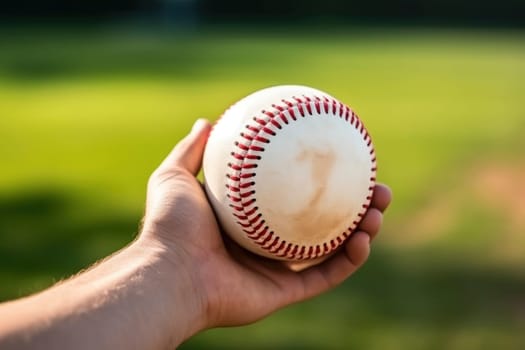 Hand holding a baseball with a blurred green field in the background.