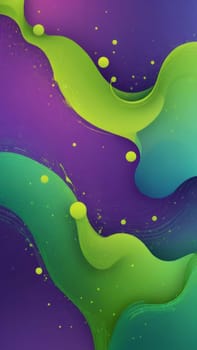 A gradient wallpaper with Splattered shapes using purple and lawngreen gradient colors. Generative AI.