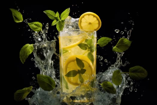 Dynamic image of a lemon and mint cocktail with ice and water splashing against a black background, conveying freshness and energy.