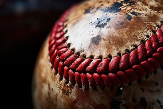 Textured close-up of a worn baseball with red stitches.