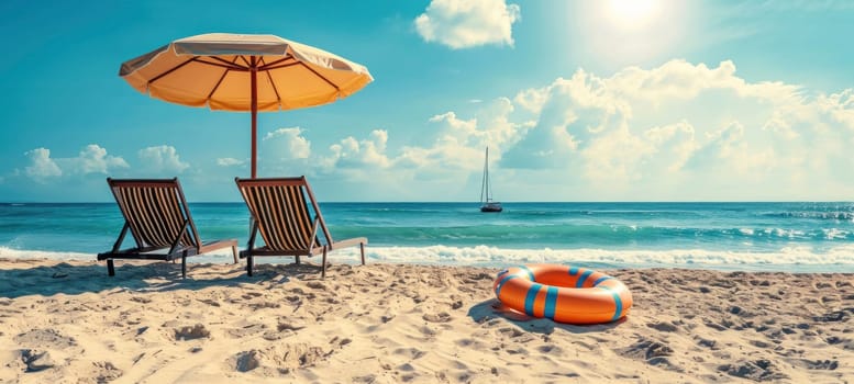 Two beach chairs under an umbrella on sandy shore with a lifebuoy nearby, overlooking a sailboat on the sea under a sunny sky.