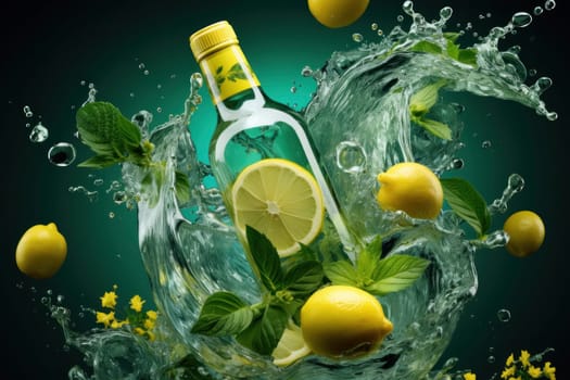 Dynamic splash of water with lemons, mint leaves, and a bottle of lemonade on a teal background.