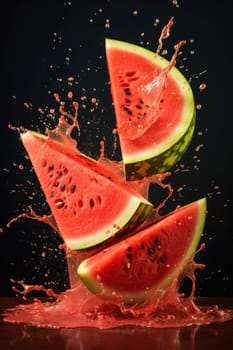 Dynamic image of watermelon slices with vibrant juice splash against a dark background