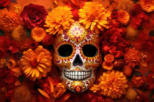 Decorative Sugar Skull Amidst Marigolds for Dia de los Muertos.
