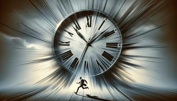 Surreal concept of a businessman running in a time warp with a large clock in the background symbolizing urgency and time management.