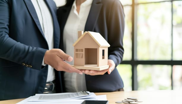 Couple holding model small building house at table in home sales office. Generative AI.