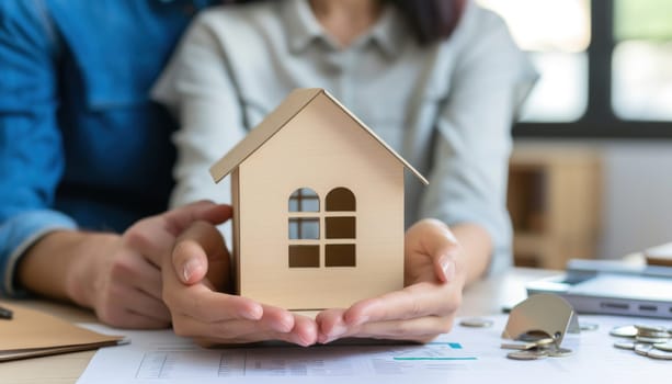 Couple holding model small building house at table in home sales office. Generative AI.