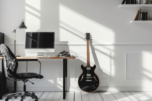 Interior of a contemporary teen's room with a desktop and guitar. Generative AI.