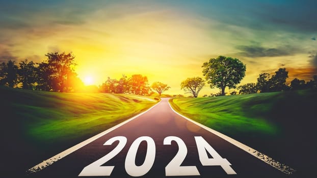 go forward concept. passing time future, life plan change, work start run line, sunset hope growth begin. Open empty road path end and new year 2024. Upcoming 2024 goals and leaving behind 2023 year. High quality image