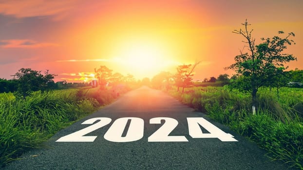 go forward concept. passing time future, life plan change, work start run line, sunset hope growth begin. Open empty road path end and new year 2024. Upcoming 2024 goals and leaving behind 2023 year. High quality image