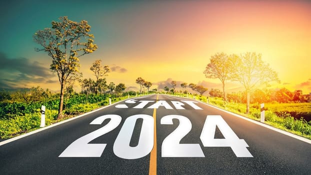 go forward concept. passing time future, life plan change, work start run line, sunset hope growth begin. Open empty road path end and new year 2024. Upcoming 2024 goals and leaving behind 2023 year. High quality image