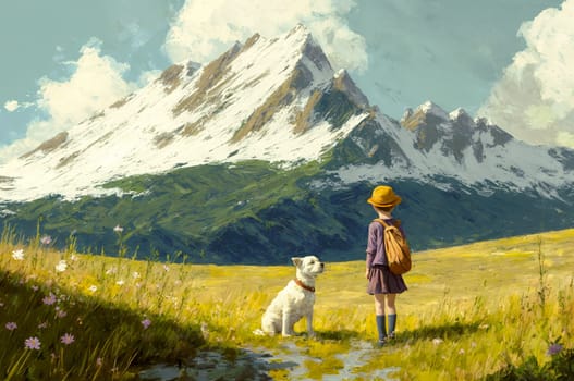 A young child with a white dog looking towards snow-capped mountains amidst a blooming meadow - generative AI