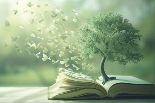 Tree with book leaves symbolizing growth through reading. Generative AI.